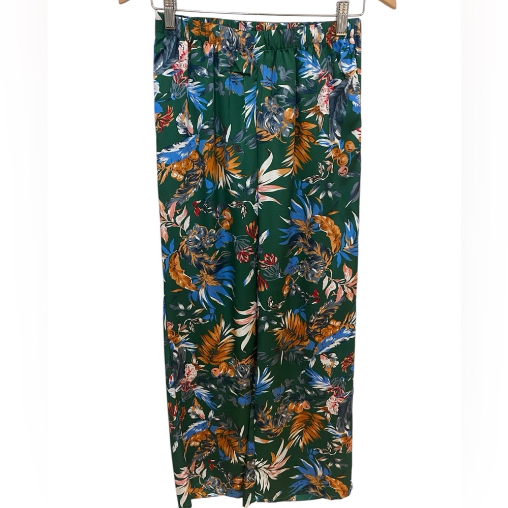 Wide Leg Palazzo Pants Tropical Floral Women Size XS Resort Beach Travel Green